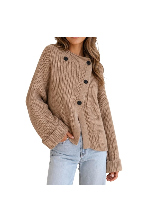 Womens Cardigans Sweater Crew Neck Cropped Asymmetric Button Campus Solid Tops