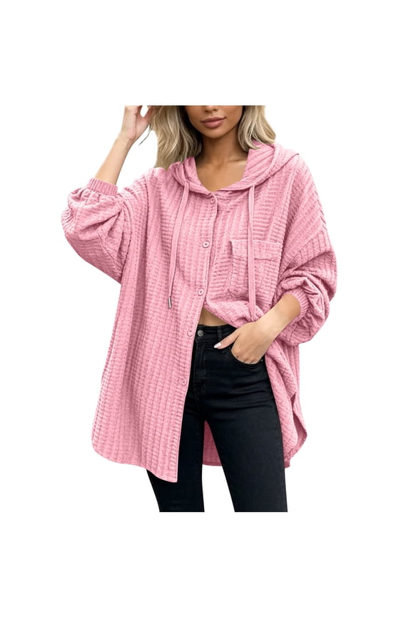 Womens Cardigans Sweaters Hooded Crew Loose Mid Length Drawstring Pocket Lounge Solid Tops