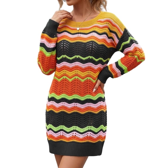 Vynhevius Womens Colorful Striped Sweater Dress Crew Neck Long Sleeve Casual Mini
