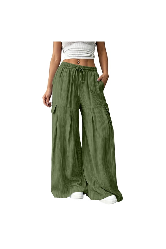 Womens Wide Leg Full Length Floor Length Cargo Palazzo Culottes with Pockets Crinkle Textured Drawstring Elastic Waist Loose Winter Casual Solid Trousers