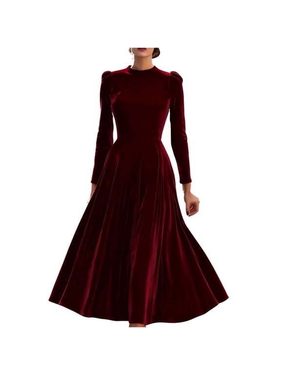 Womens Dresses Mock Neck A Line Full Skirt Long Sleeve Solid Dresses