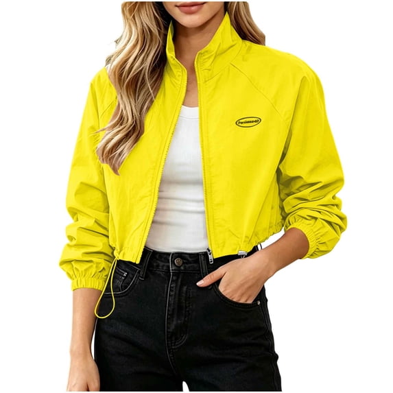 Vynhevius Women's Jacket Stand Collar Cropped Zip‑Up Jacket Solid Long Sleeve Drawstring Hem Loose Casual Outerwear