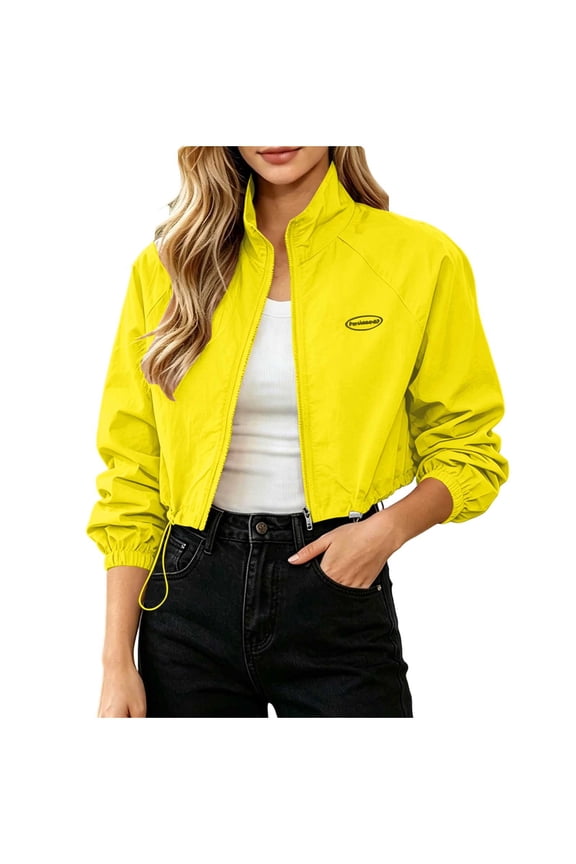 Womens Jackets High Collar Boxy Fit Elastic Cuff Campus Simple Solid Tops
