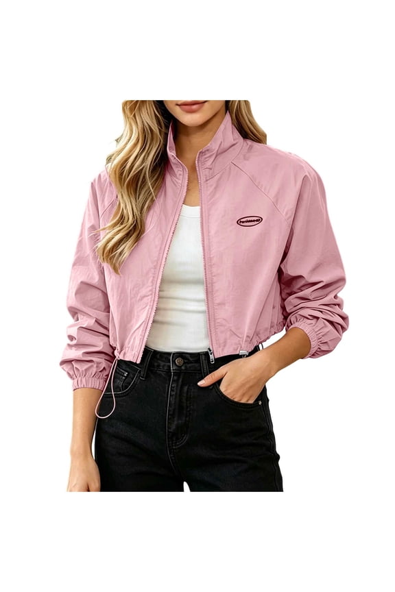 Womens Jackets High Collar Boxy Fit Elastic Cuff Campus Simple Solid Tops
