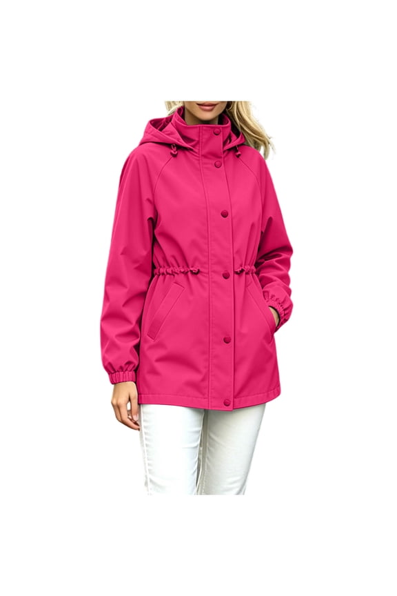 Womens Jackets Hooded Mid Length Drawstring Waist Windproof Hiking Trip Solid Tops