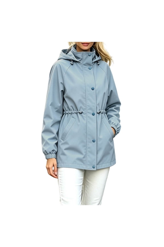 Womens Jackets Hooded Mid Length Drawstring Waist Windproof Hiking Trip Solid Tops