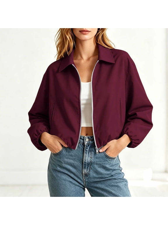 Womens Jackets Lapel Cropped Full Zip Bubble Hem Slit Side Pocket Daily Casual Solid Tops