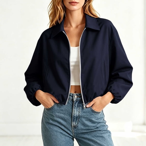 Vynhevius Womens Jackets Lapel Cropped Full Zip Bubble Hem Slit Side Pocket Daily Casual Solid Tops