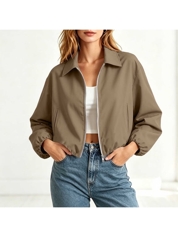 Women's Lapel Zip‑Up Bomber Jacket Long Sleeve Elastic Bubble Hem Loose Cropped Casual Outerwear