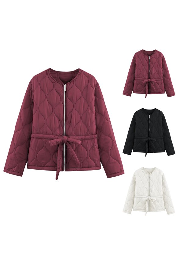 Womens Jackets Round Neck Cropped Zip Waist Tie Lounge Casual Solid Tops