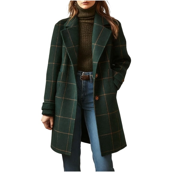 Vynhevius Womens Plus Size Coats Notched Lapel Long Sleeve Plaid Wool Blend Single Breasted Pockets Mid Length Loose Fit Casual Winter Tops