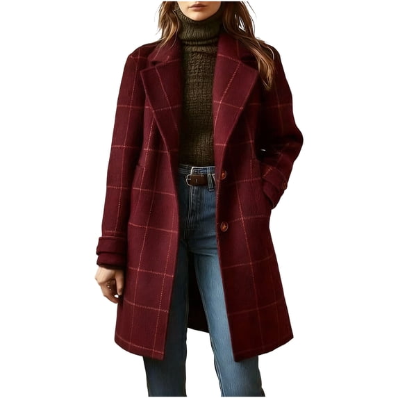 Vynhevius Womens Plus Size Coats Notched Lapel Long Sleeve Plaid Wool Blend Single Breasted Pockets Mid Length Loose Fit Casual Winter Tops