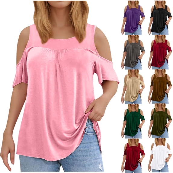 Vynhevius Womens Plus Size Cold Shoulder Short Sleeve Tops Casual Loose Fit Summer Blouses Shirts