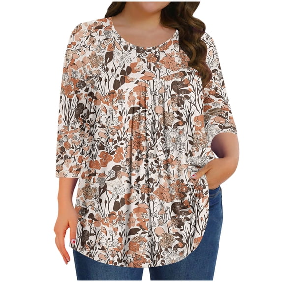 Vynhevius Womens Plus Size Crew Neck 3/4 Sleeve Tops Floral Print Casual Loose Fit Summer Blouses Shirts