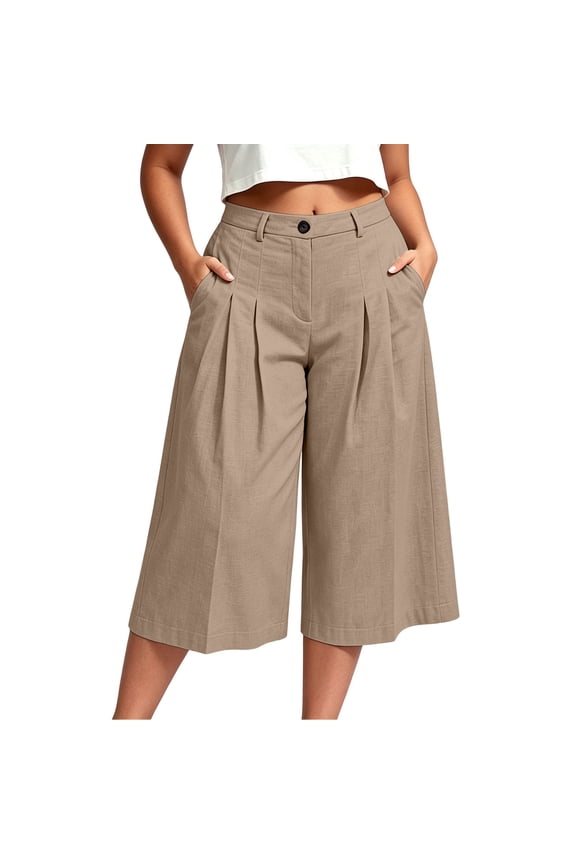 Plus Size Womens 3/4 Capri Wide Leg Cropped Culottes with Pockets Pleated High Waist Loose Casual Solid Pants