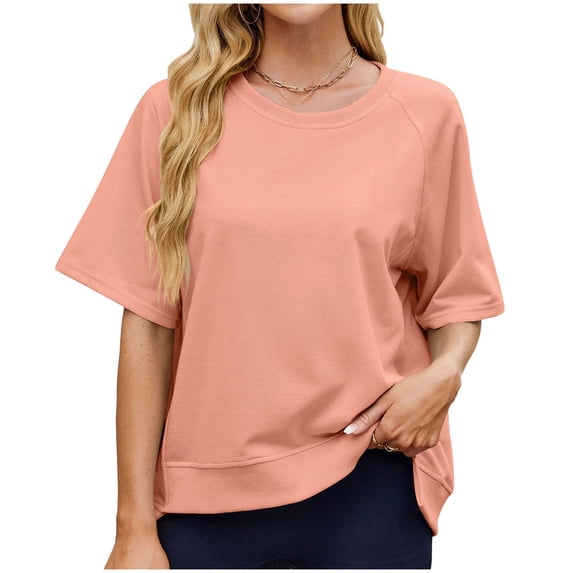 Vynhevius Womens Sweatshirts Crew Neck Raglan Short Sleeve Ribbed Hem Solid Loose Casual Pullover Tops