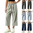 thumbnail image 1 of Vynhevius Womens Straight Leg Cropped Capri Jeans with Pockets Drawstring Elastic Waist Washed Loose Summer Street Casual Solid Denim Wear, 1 of 5