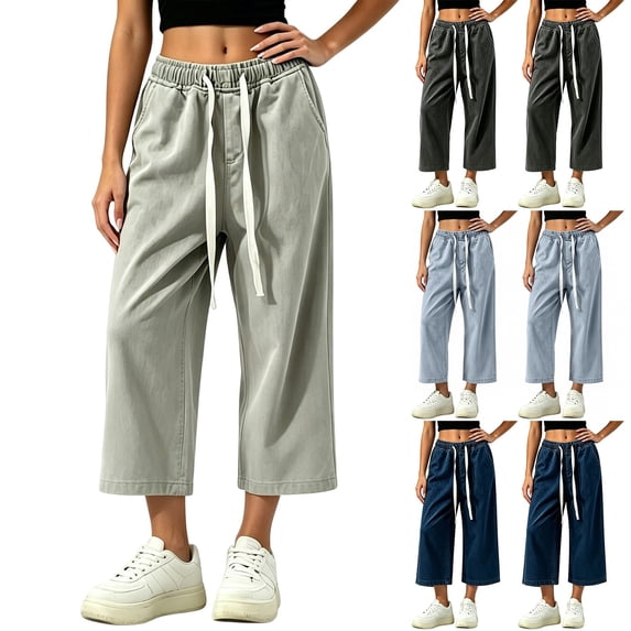 Vynhevius Womens Straight Leg Cropped Capri Jeans with Pockets Drawstring Elastic Waist Washed Loose Summer Street Casual Solid Denim Wear