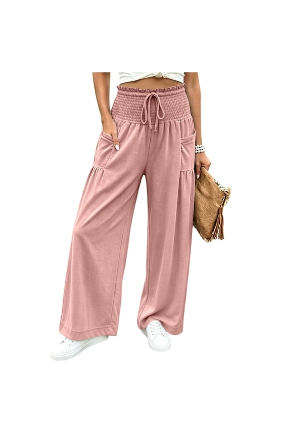 Womens Wide Leg Full Length Palazzo Culottes with Pockets Smocked Ruffle Drawstring High Waist Loose Winter Casual Solid Trousers