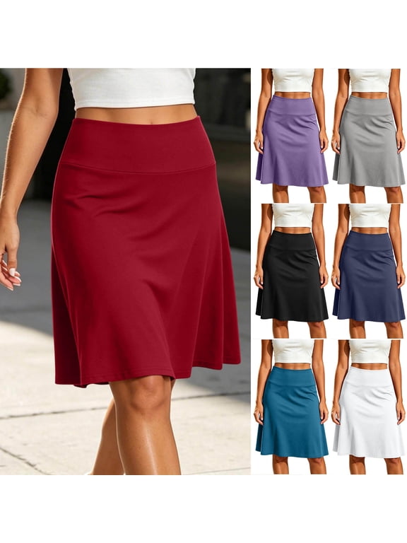 Womens Solid A-line Skirt High Waist Stretchy Casual Knee Length