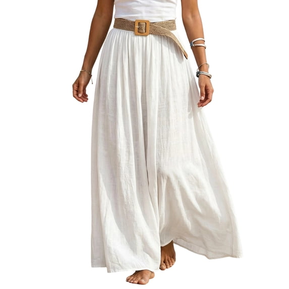 Vynhevius Womens Solid Belted Skirt Elastic Waist Flowy Casual Maxi