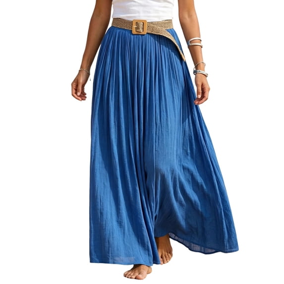 Vynhevius Womens Solid Belted Skirt Elastic Waist Flowy Casual Maxi