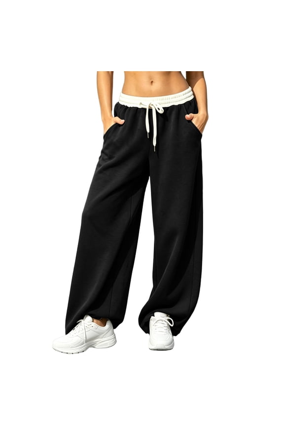 Womens Sweatpants Wide Leg Full Length Palazzo Jogger with Pockets Fleece Lined Loose Contrast Ruffle Elastic Drawstring High Waist Warm Athletic Street Solid Bottoms