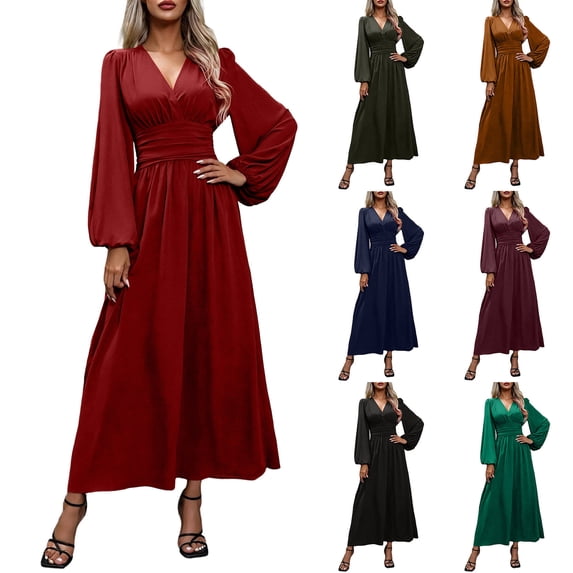 Vynhevius Womens Solid High-waist Dress Long Lantern Sleeve V Neck Flowy Maxi