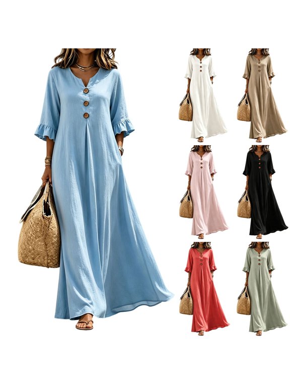 Womens Solid Ruffled Dress V Neck Bell Sleeve Button Down Flowy Maxi