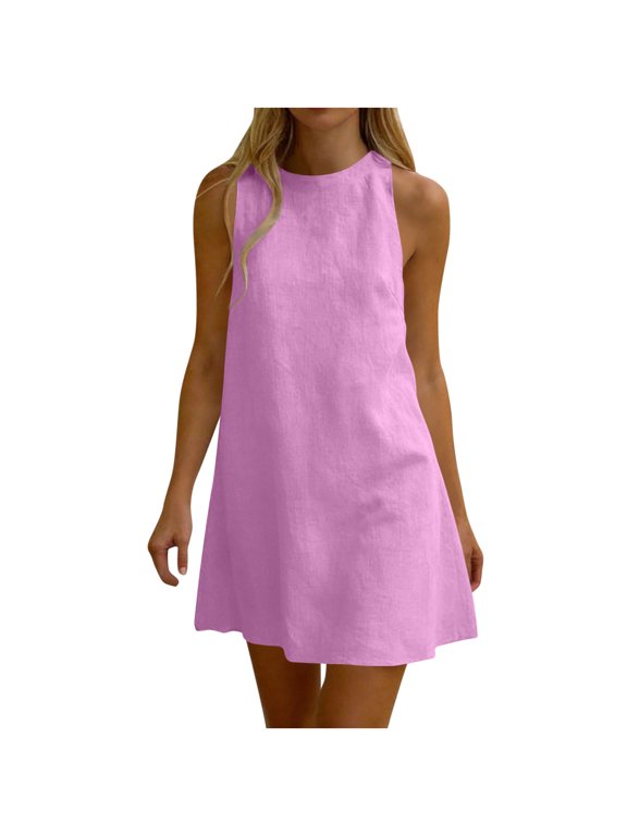Womens Solid Shift Dress Crew Neck Sleeveless Back Button Casual Mini