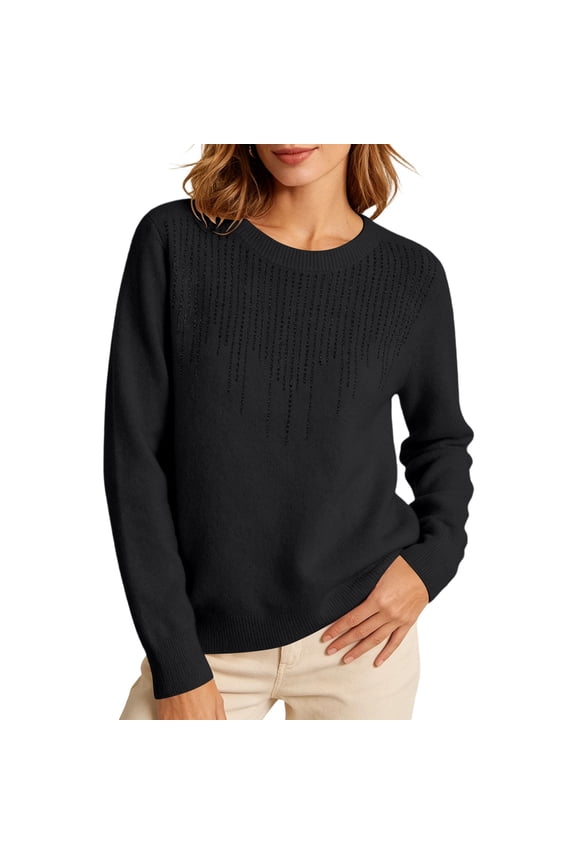 Womens Pullover Sweater Rhinestone Crew Neck Long Sleeve Knitted Tops Soft Fall Winter Casual Base Shirts