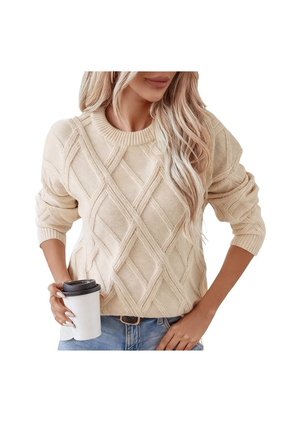 Womens Sweaters Crew Neck Textured Diamond Pattern Rib Hem Drop Shoulder Solid Tops
