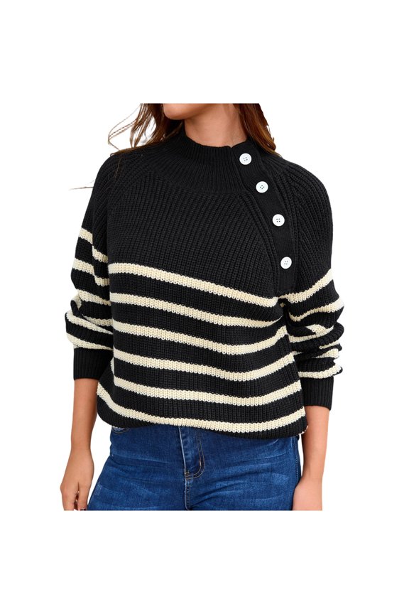 Womens Sweaters Mock Neck Side Button Raglan Sleeve Rib Cuff Striped Tops