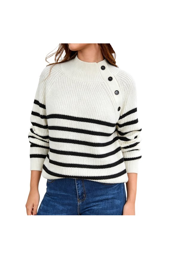 Womens Sweaters Mock Neck Side Button Raglan Sleeve Rib Cuff Striped Tops