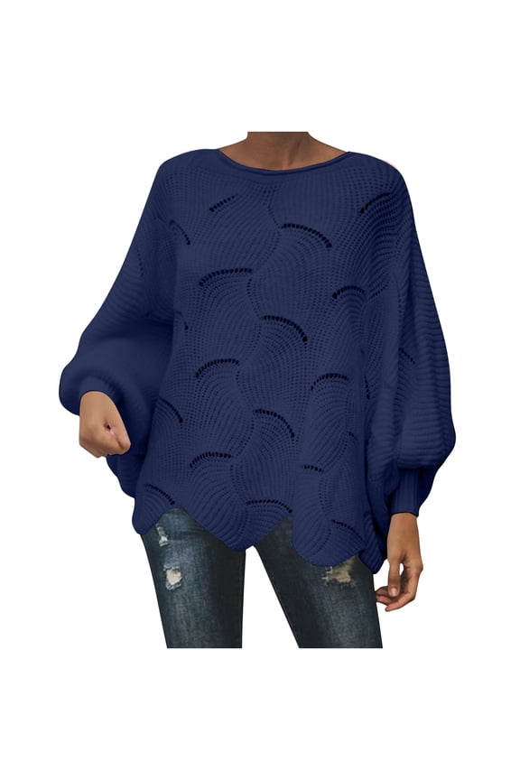 Womens Sweaters Round Neck Wave Texture Hollow Rib Cuff Loose Fit Solid Tops