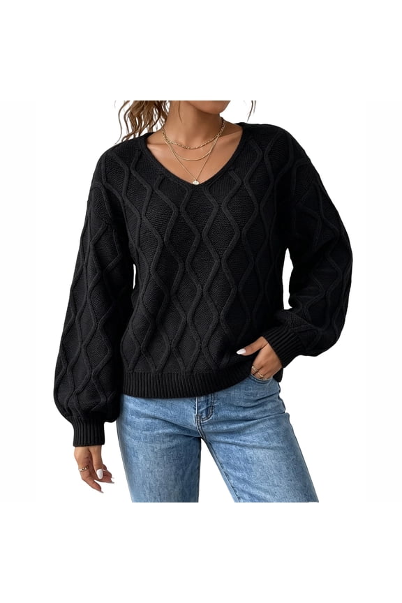 Womens Sweaters V Neck Drop Shoulder Loose Fit Rib Trim Diamond Pattern Solid Tops