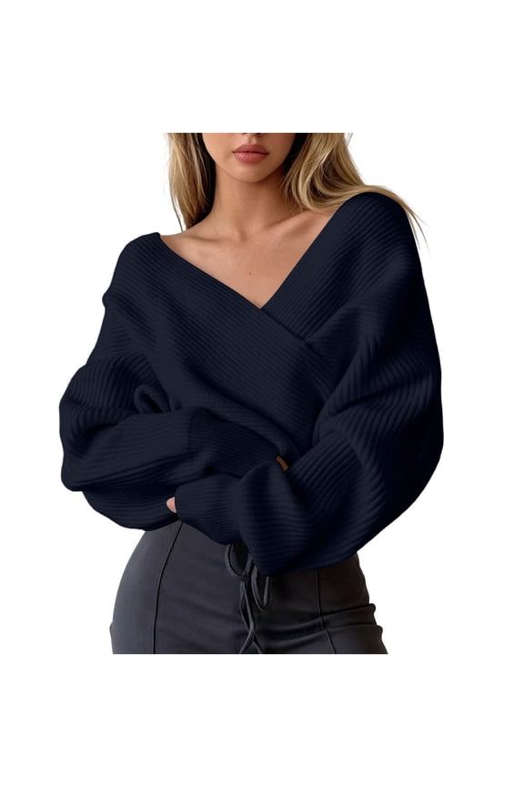 Womens Sweaters Wrap V Neck Off Shoulder Wide Sleeve Rib Hem Relaxed Solid Tops