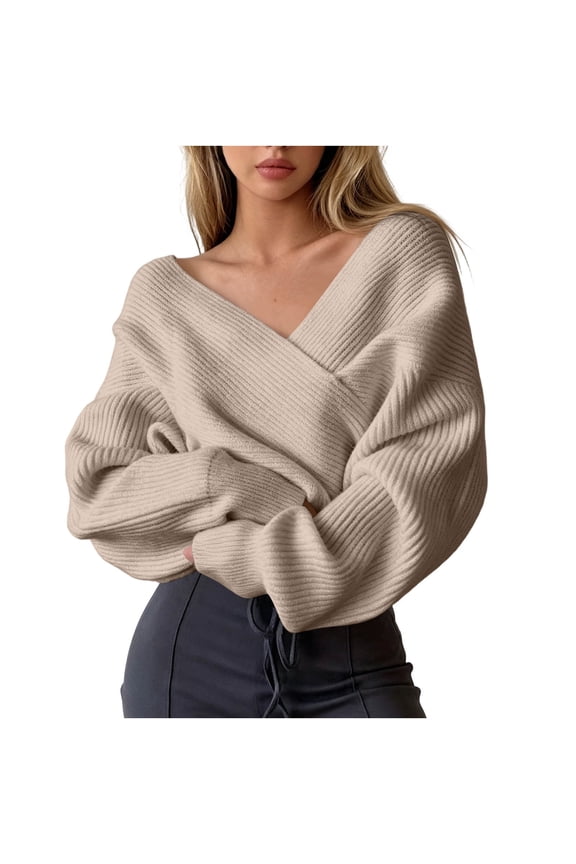 Womens Sweaters Wrap V Neck Off Shoulder Wide Sleeve Rib Hem Relaxed Solid Tops