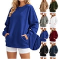 thumbnail image 1 of Vynhevius Womens Sweatshirt Solid Crew Neck Long Sleeve Back Pleated Pockets Casual Loose Pullover Top, 1 of 8