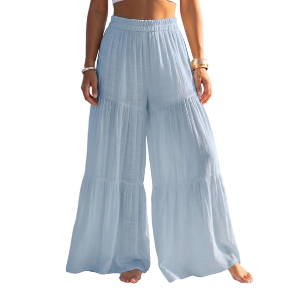 Vynhevius Womens Wide Leg Full Length Culottes with Pockets Tiered Ruffle Elastic High Waist Flowy Loose Summer Beach Casual Solid Trousers
