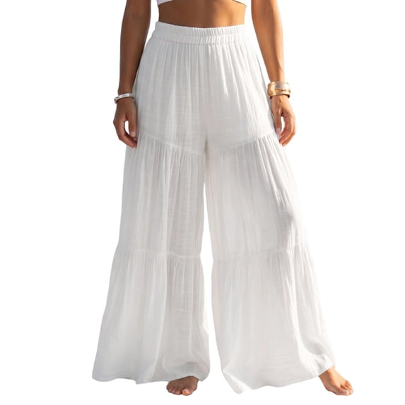 Vynhevius Womens Wide Leg Full Length Culottes with Pockets Tiered Ruffle Elastic High Waist Flowy Loose Summer Beach Casual Solid Trousers