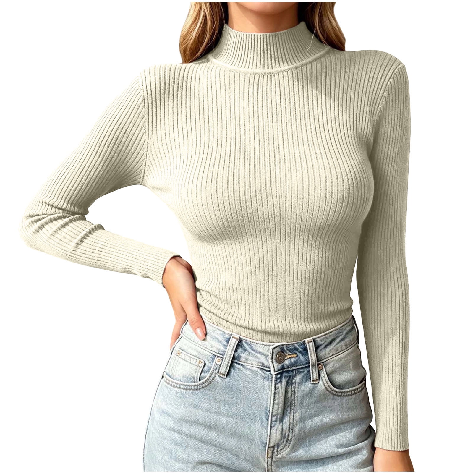 Vynhevius Womens Tops Solid Long Sleeve Mock Turtleneck Ribbed Slim Fit Casual Fall Winter Soft Basic Layering Pullover Shirts