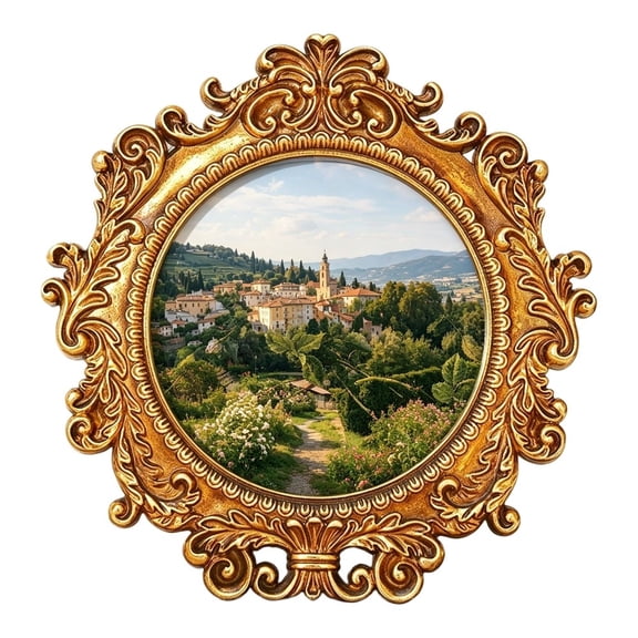 Vyntara Elegant Round Photo Frame with Antique Baroque Scroll and Leaf Embossed Border for Tabletop or Wall Display Gold