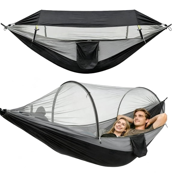 Vyrelis Camping Hammock with Tree Straps Hammock Tent with Mosquito Net and Sunshade Tree Hammock for Travel Backpacking Hiking Gear (Black)