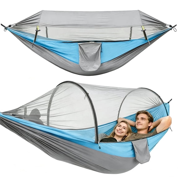 Vyrelis Camping Hammock with Tree Straps Hammock Tent with Mosquito Net and Sunshade Tree Hammock for Travel Backpacking Hiking Gear (Blue)
