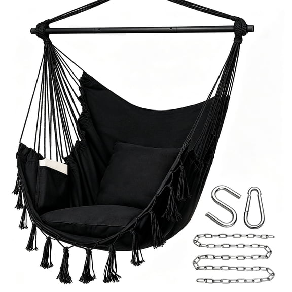 Vyrelis Hammock Chair Hanging Rope Swing 2 Pillows Included Hanging Chair Hammock Swing Max 440 Lbs Steel Spreader Bar with Anti-Slip Rings (Black)