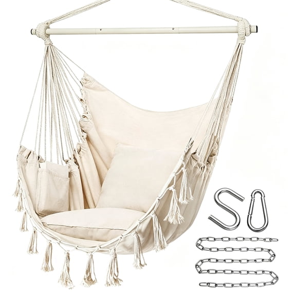 Vyrelis Hammock Chair Hanging Rope Swing 2 Pillows Included Hanging Chair Hammock Swing Max 440 Lbs Steel Spreader Bar with Anti-Slip Rings (White)