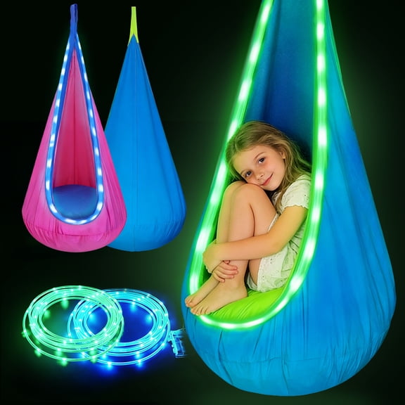 Vyrelis Light Up Child Hammock Swing Chair Pod Swing for Kids with LED Lights & Inflatable Pillow Sensory Swing Indoor Outdoor Easy to Install (2Pcs, Blue&Pink)