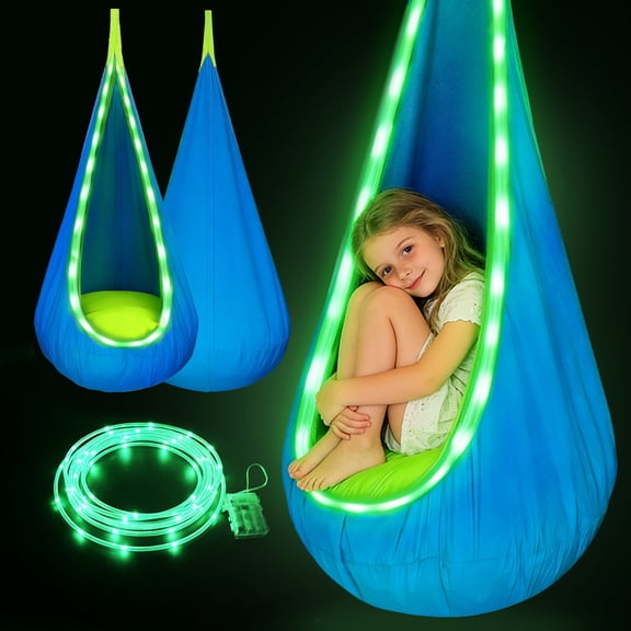 Vyrelis Light Up Swing Chair Hammock Swing with LED Light Cotton Sensory Pod Kids Hanging Chair with Inflatable Pillow Indoor and Outdoor (2Pcs, Blue)