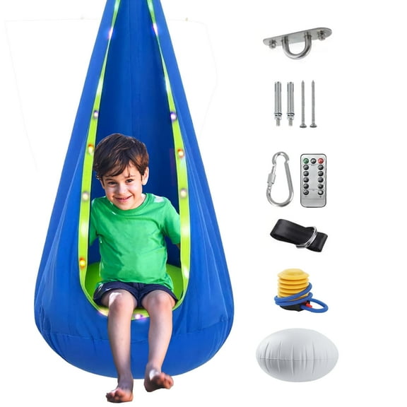 Vyrelis Light up Kids Pod Swing Seat, Cotton Sensory Pod Swing Chair with Inflatable Pillow for Kids Indoor & Outdoor (Blue)